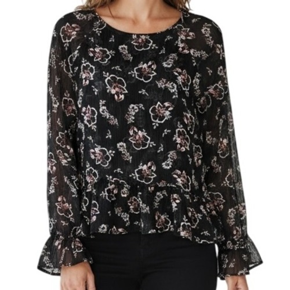 EXPRESS Semi Sheer Black  Floral Blouse Ruffled‎ Sleeve & Bottom Hem EUC XS